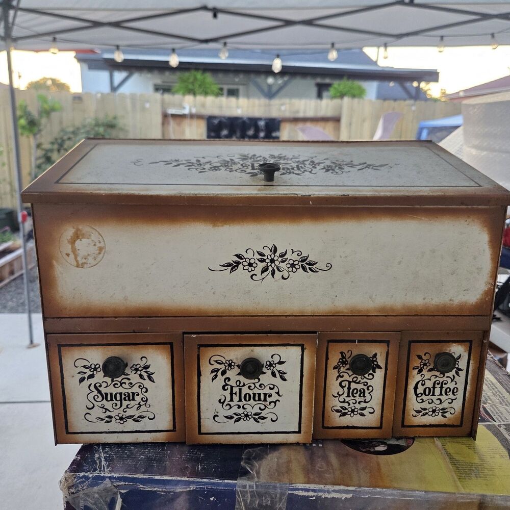 Vintage Metal Bread Box Canister Set Sugar Flour Tea Coffee 18in MCM Farmhouse